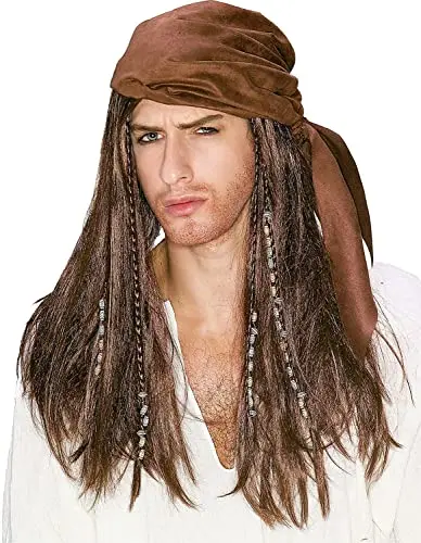 Classic brown pirate wig with braids and beads on suede do rag