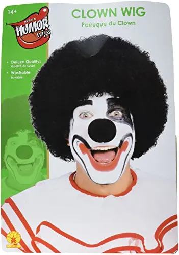 Classic black clown wig with tight curls on a display head