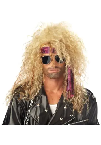 Long frizzy blonde heavy metal wig with auburn highlights for men's 80s cosplay