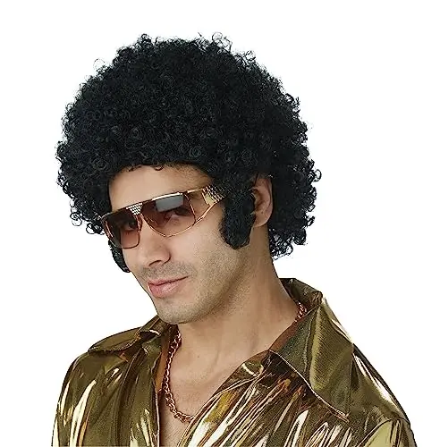 Black afro wig with built-in sideburns