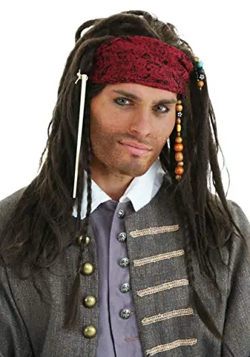 Captain Jack Sparrow style black dreadlock wig with bandana and beads