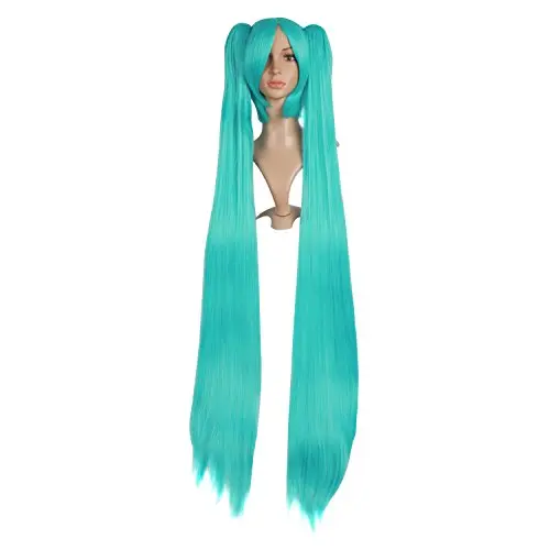 MapofBeauty 120cm long straight light blue cosplay wig with two ponytail pieces