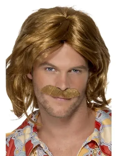 Smiffys Men's 70's Mid Length Brown Wig and Moustache