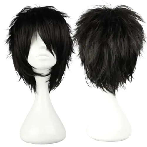 Black short spiky cosplay wig on person