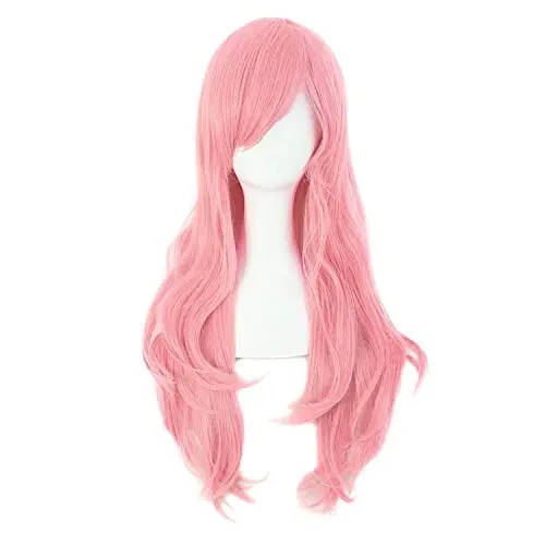 MapofBeauty 28-inch long curly pink wig displayed on a model