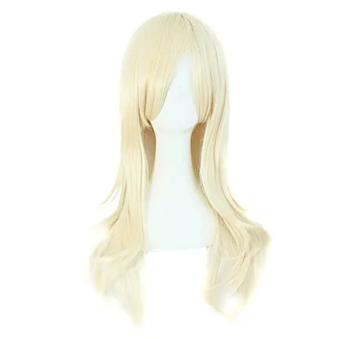 Long light blonde curly-ended wig on a model, full head coverage