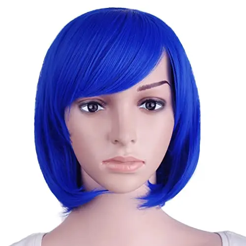 MapofBeauty short straight navy blue wig with diagonal bangs