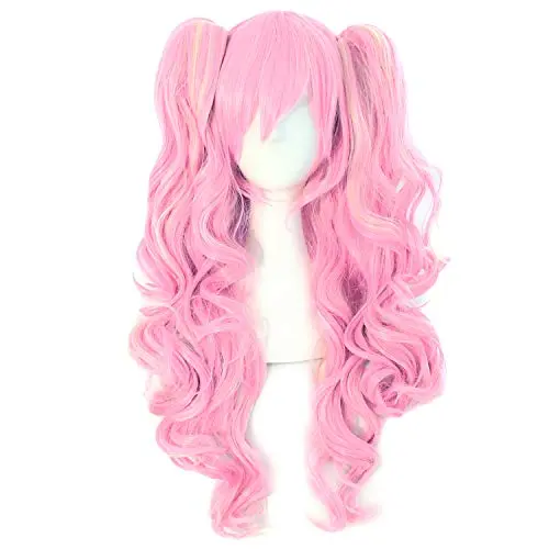 MapofBeauty long curly pink and blonde wig with clip-on ponytails