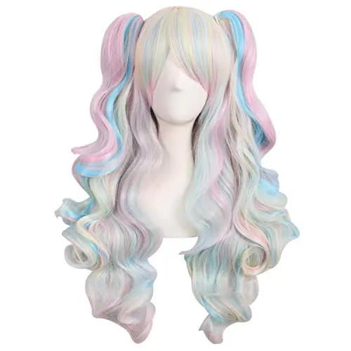 MapofBeauty pink blue blonde long curly clip ponytails wig