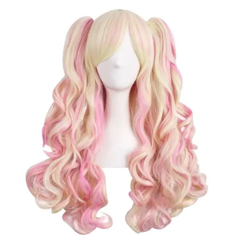 MapofBeauty Multi-color Long Curly Clip Ponytails Cosplay Wig in blonde and pink