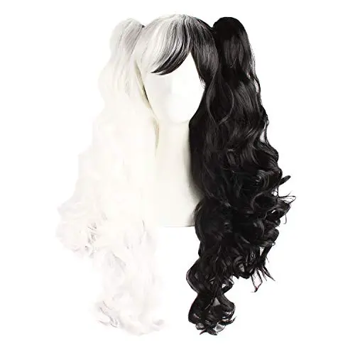 Long curly black and white wig with two detachable clip ponytails