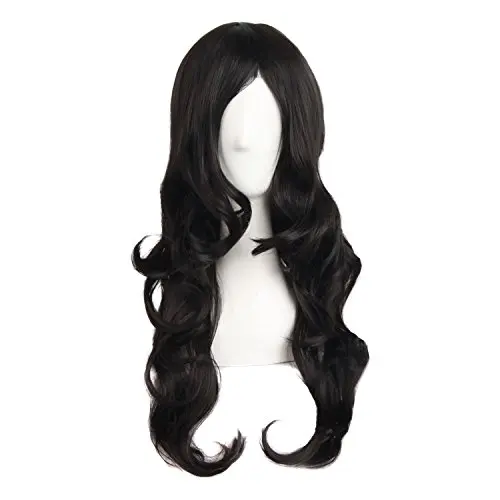 Black long wavy synthetic wig with monofilament top