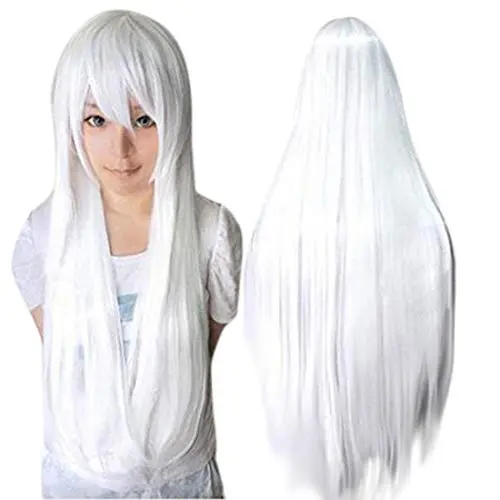 Anogol long white straight cosplay wig with bangs