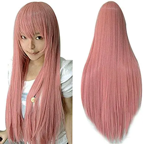 ANOGOL 32-inch long straight pink wig with bangs on a mannequin