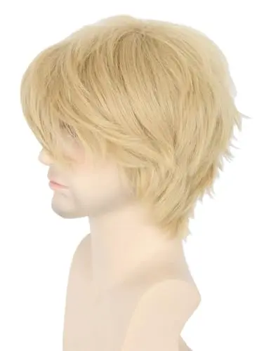 Short fluffy layered blonde wig on a model, soft natural-looking style