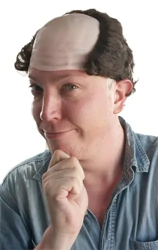 Brown curly balding mens wig with pre-styled side hair and rubber bald top