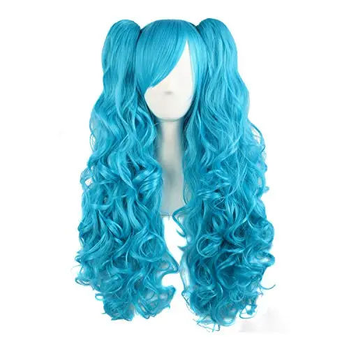 MapofBeauty Lolita Long Curly Clip on Ponytails Cosplay Wig in Azure Blue