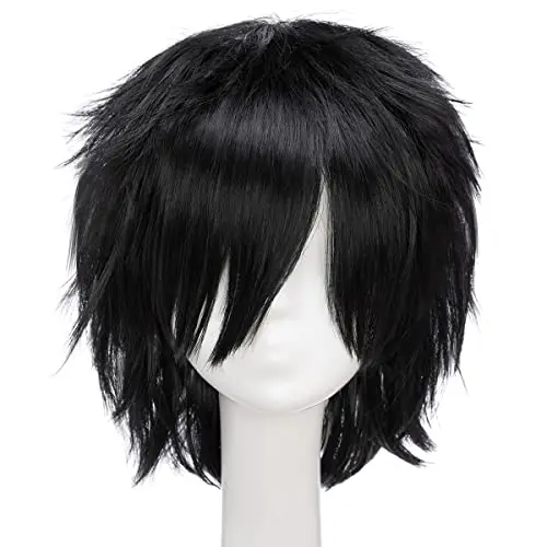 S-noilite unisex fluffy straight black cosplay wig with shaggy layers
