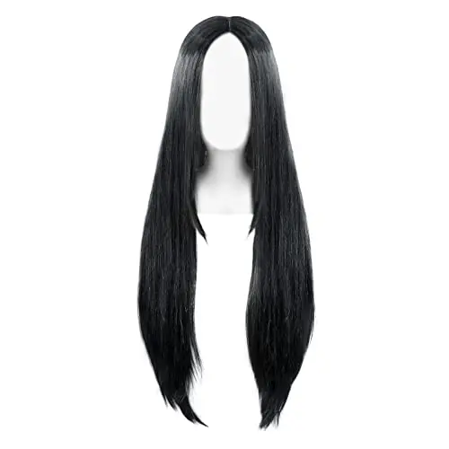 S-ssoy black long straight middle part wig with cosplay styling