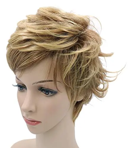NEWPECK Golden Curly Cosplay Wig styled in a short blonde curly bob