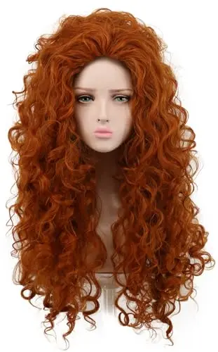 Yuehong long curly orange-red wig with wig cap shown on a mannequin head