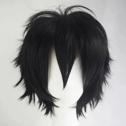 S-noilite short black layered pixie cosplay wig on a mannequin