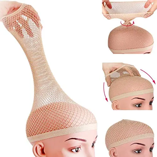 Nude mesh wig cap over long braided hair