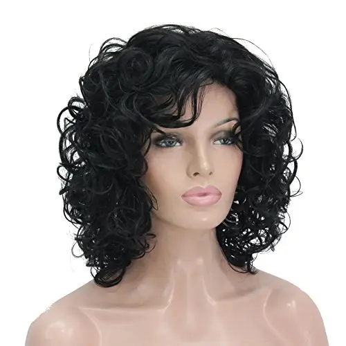 Short super curly black layered wig on a model