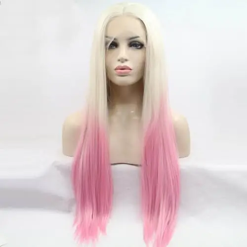 Xiweiya ombre pink and mermaid pink straight lace front wig