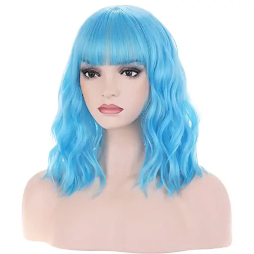 Sky blue short curly bob wig with airy bangs styled on model