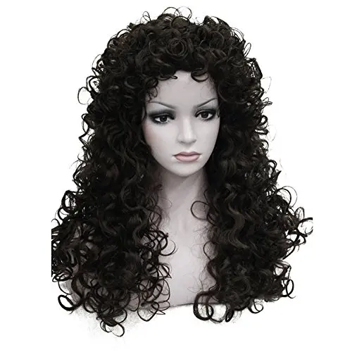 Long curly brown heat-resistant cosplay wig with rose net cap
