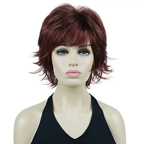 Lydell short layered shaggy wavy synthetic wig in 131 burgundy red