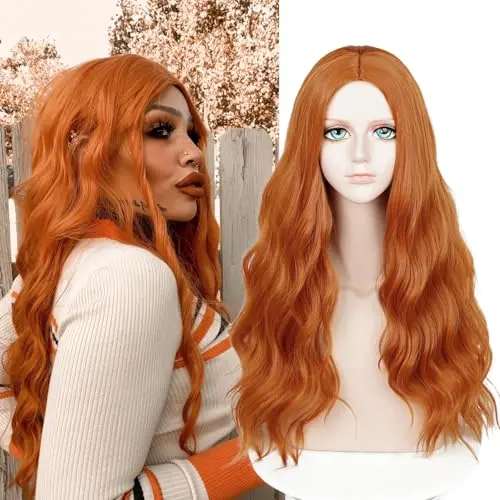 Probeauty long orange curly wave cosplay wig