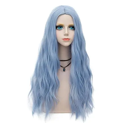 Probeauty light blue long curly wave wig on model