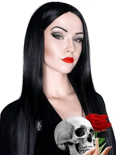 Long straight black Morticia wig