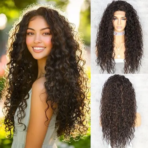 Sapphirewigs kinky curly brown synthetic lace front wig