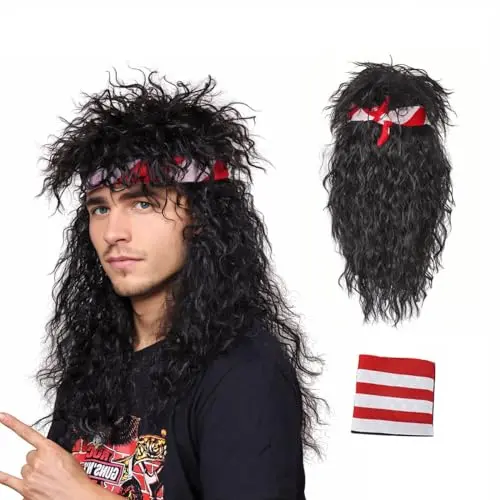 FantaLook long curly black 80s rocker wig with bandana