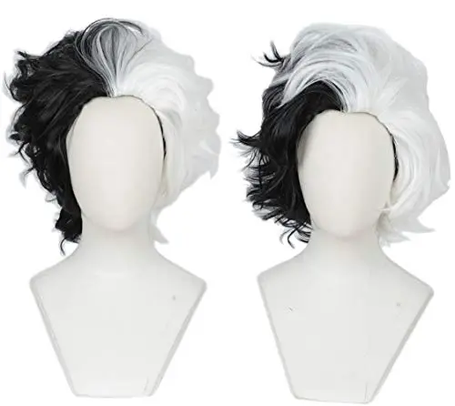 Half white and half black curly wig with wig cap for Cruella costume