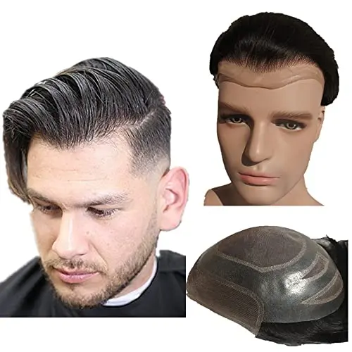 N.L.W. European human hair toupee with French lace base in jet black