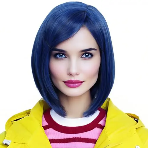 Linfairy short blue wig with straight bangs for Halloween costume