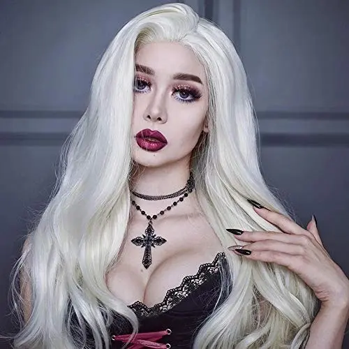 Morvally 24-inch white glueless lace front cosplay wig with natural hairline