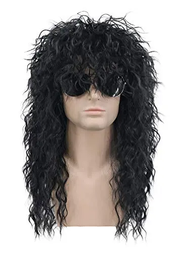 karlery Long Curly Black Heavy Metal Rocker Wig