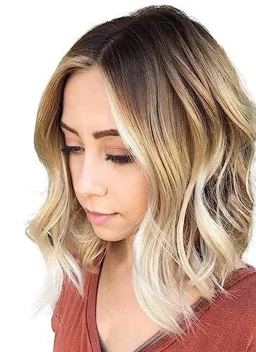SYMEIW ombre blonde wavy bob wig with middle part and brown roots