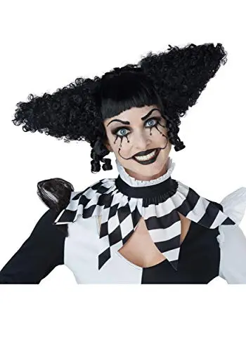 Black clown wig with tight full-coverage curls on a model