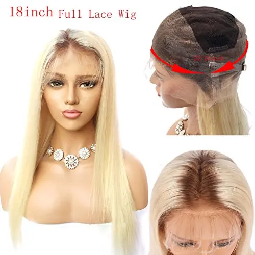 Full lace blonde Brazilian human hair wig in straight 14 inch length with transparent lace