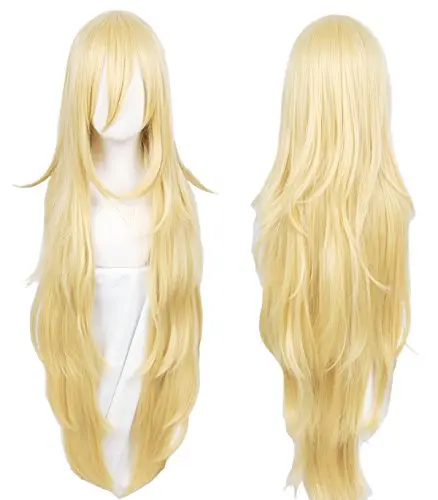 Long blonde layered wig with centre part