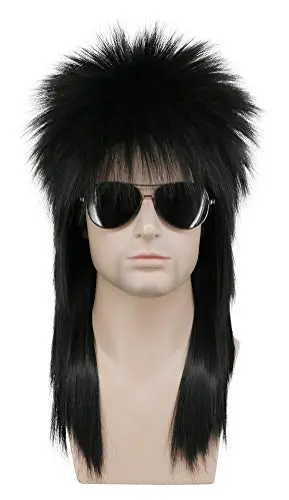 Karlery long straight black 70s 80s heavy metal rocker wig