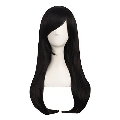 MapofBeauty 24-inch side bangs wavy curly party wig in brownish black
