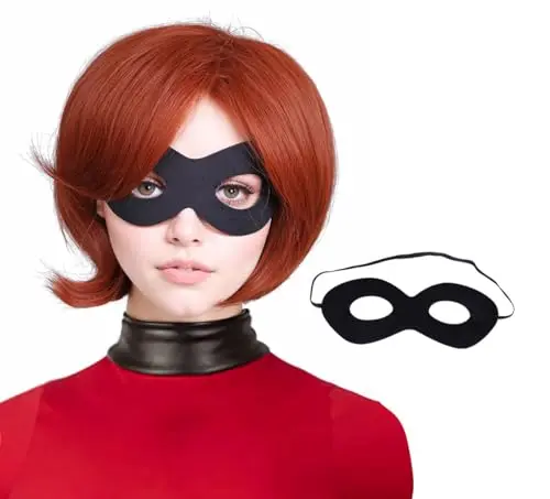 Short reddish brown curly cosplay wig with eye mask on a mannequin head