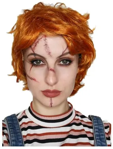 Evil killer orange Halloween cosplay wig with short anime style